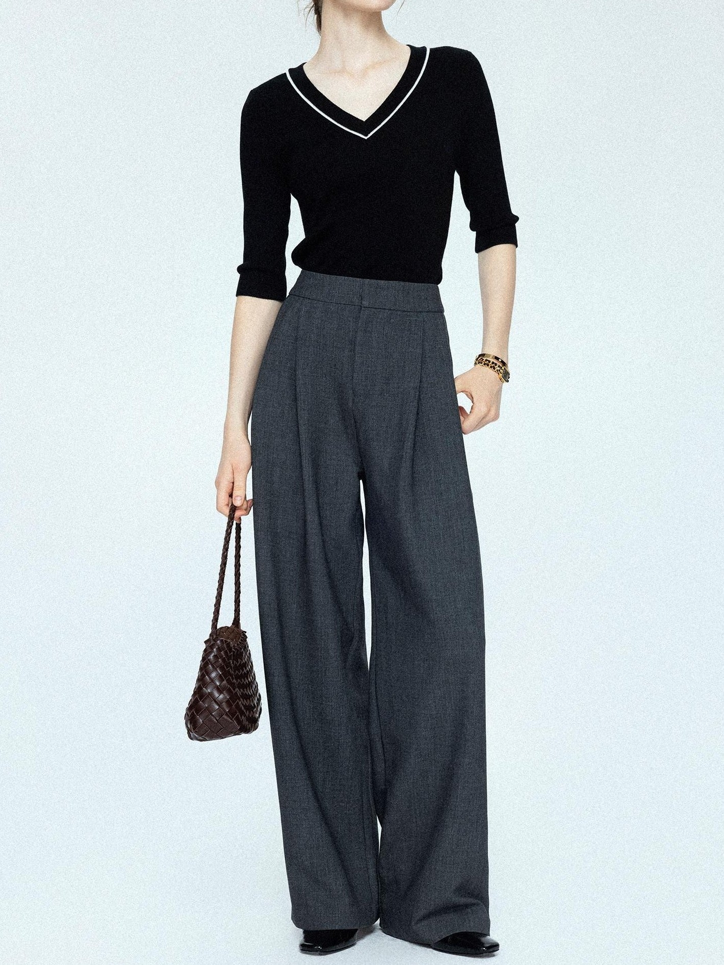 chicjuly Tailored Tapered Non Iron High Waist Women's Wool Lyocell Blend Wide-leg Pants
