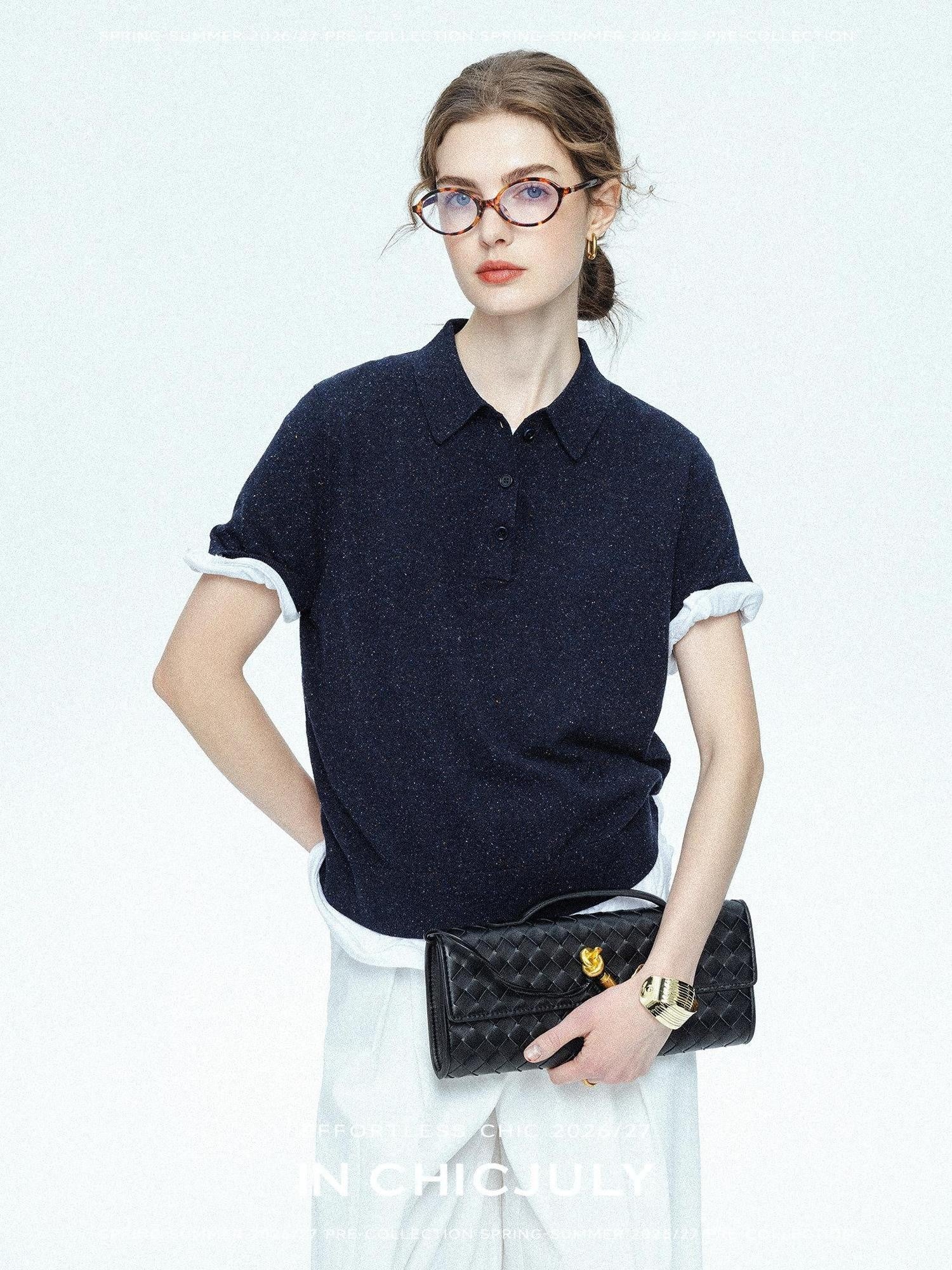 chicjuly Teal Triple Overlap Polo Knit Women's Silk Cotton Linen Short Sleeve T-shirts