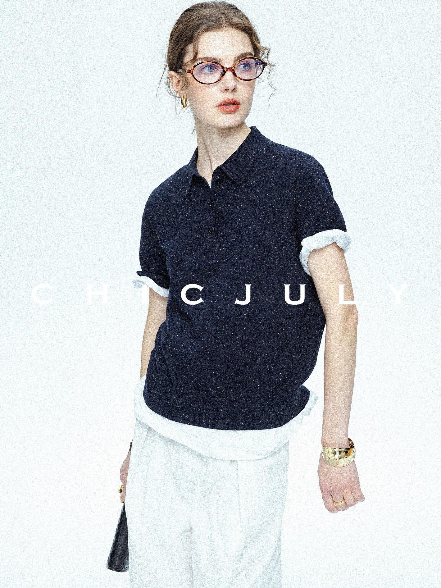 chicjuly Teal Triple Overlap Polo Knit Women's Silk Cotton Linen Short Sleeve T-shirts