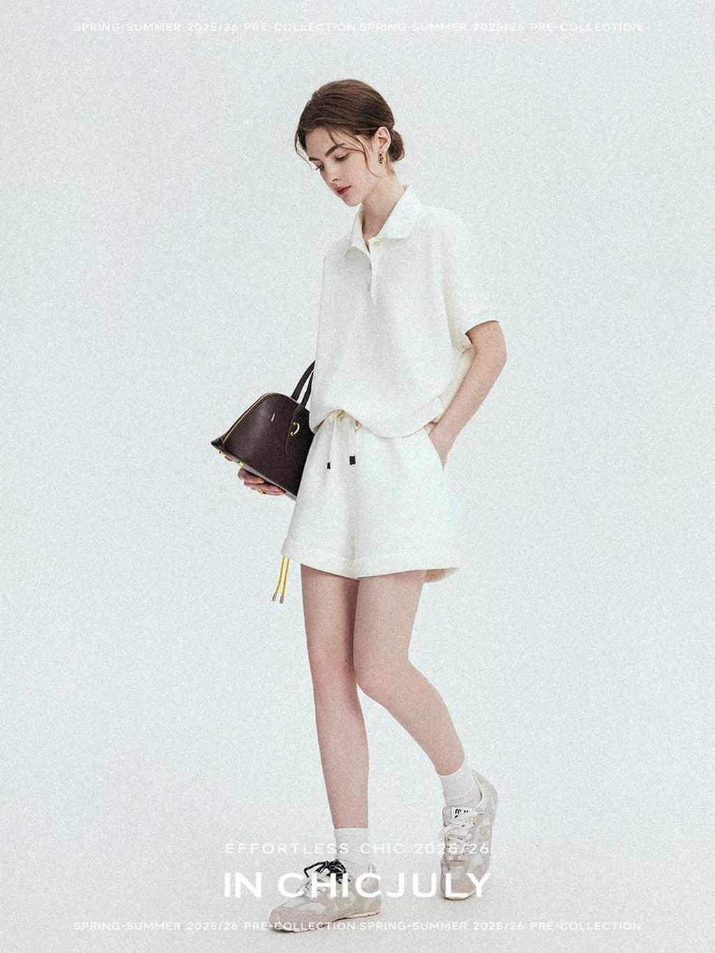 chicjuly Tenniscore Polo Collar Sweatshirt Short Sleeve Women's Cotton Top & Shorts Sets