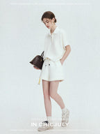 chicjuly Tenniscore Polo Collar Sweatshirt Short Sleeve Women's Cotton Top & Shorts Sets