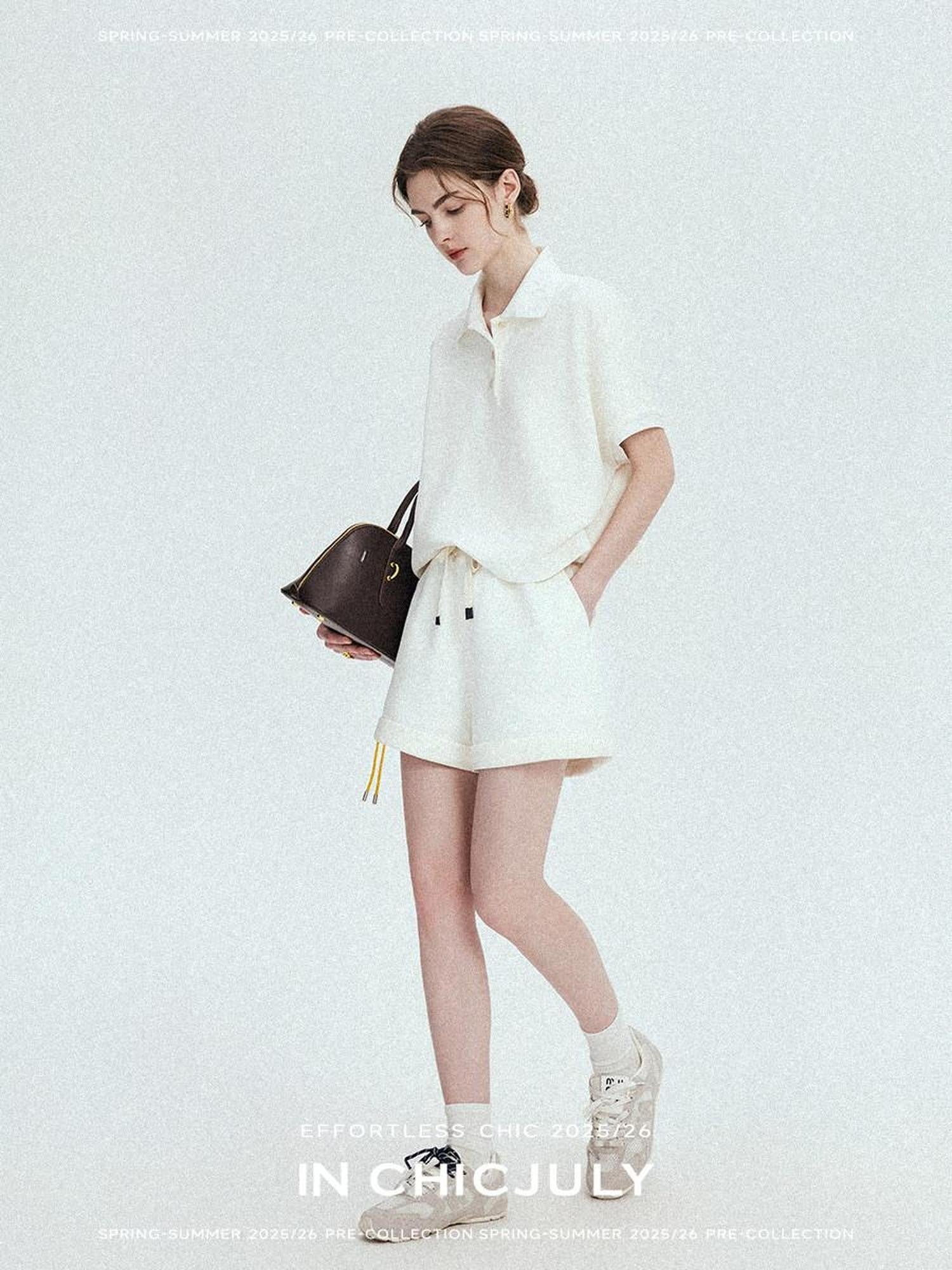 chicjuly Tenniscore Polo Collar Sweatshirt Short Sleeve Women's Cotton Top & Shorts Sets