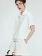 chicjuly Tenniscore Polo Collar Sweatshirt Short Sleeve Women's Cotton Top & Shorts Sets