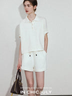 chicjuly Tenniscore Polo Collar Sweatshirt Short Sleeve Women's Cotton Top & Shorts Sets