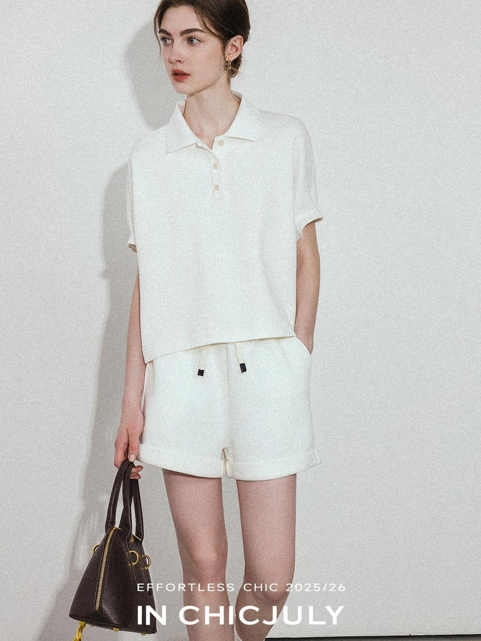 chicjuly Tenniscore Polo Collar Sweatshirt Short Sleeve Women's Cotton Top & Shorts Sets