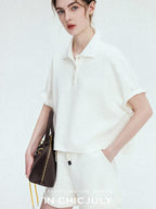 chicjuly Tenniscore Polo Collar Sweatshirt Short Sleeve Women's Cotton Top & Shorts Sets