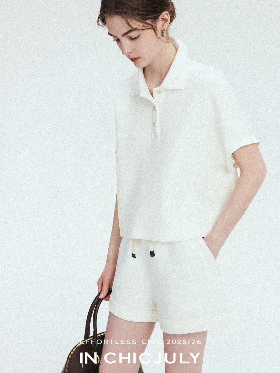 chicjuly Tenniscore Polo Collar Sweatshirt Short Sleeve Women's Cotton Top & Shorts Sets