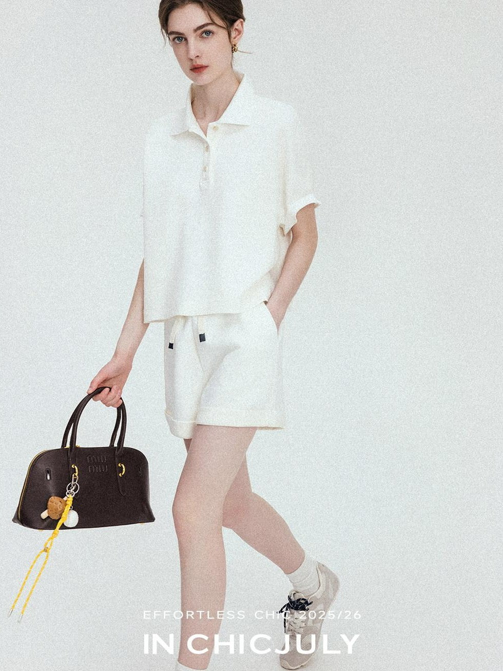 chicjuly Tenniscore Polo Collar Sweatshirt Short Sleeve Women's Cotton Top & Shorts Sets