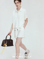 chicjuly Tenniscore Polo Collar Sweatshirt Short Sleeve Women's Cotton Top & Shorts Sets