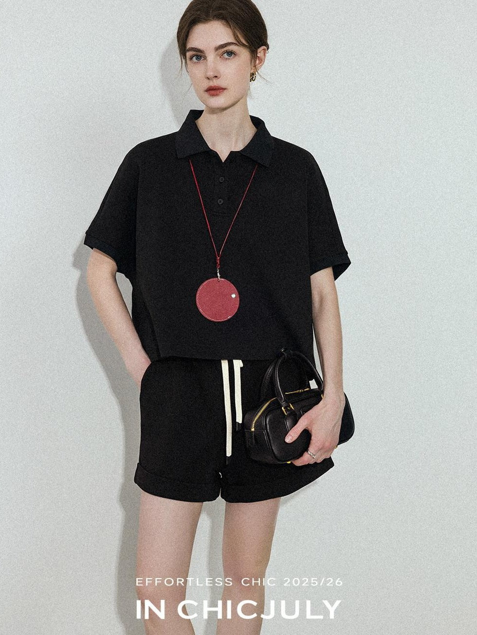 chicjuly Tenniscore Polo Collar Sweatshirt Short Sleeve Women's Cotton Top & Shorts Sets