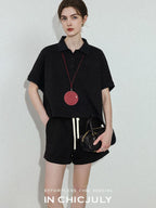 chicjuly Tenniscore Polo Collar Sweatshirt Short Sleeve Women's Cotton Top & Shorts Sets