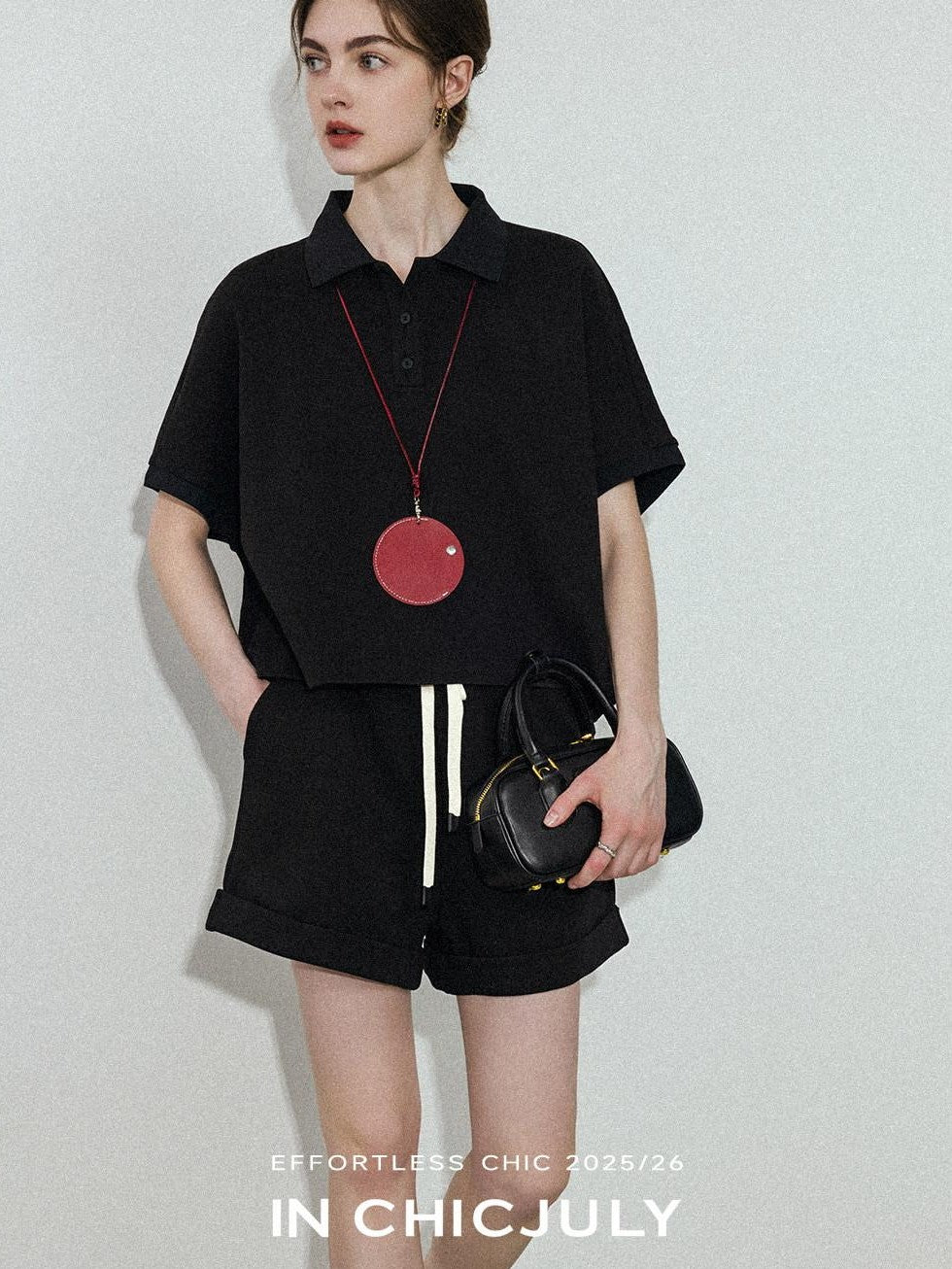 chicjuly Tenniscore Polo Collar Sweatshirt Short Sleeve Women's Cotton Top & Shorts Sets