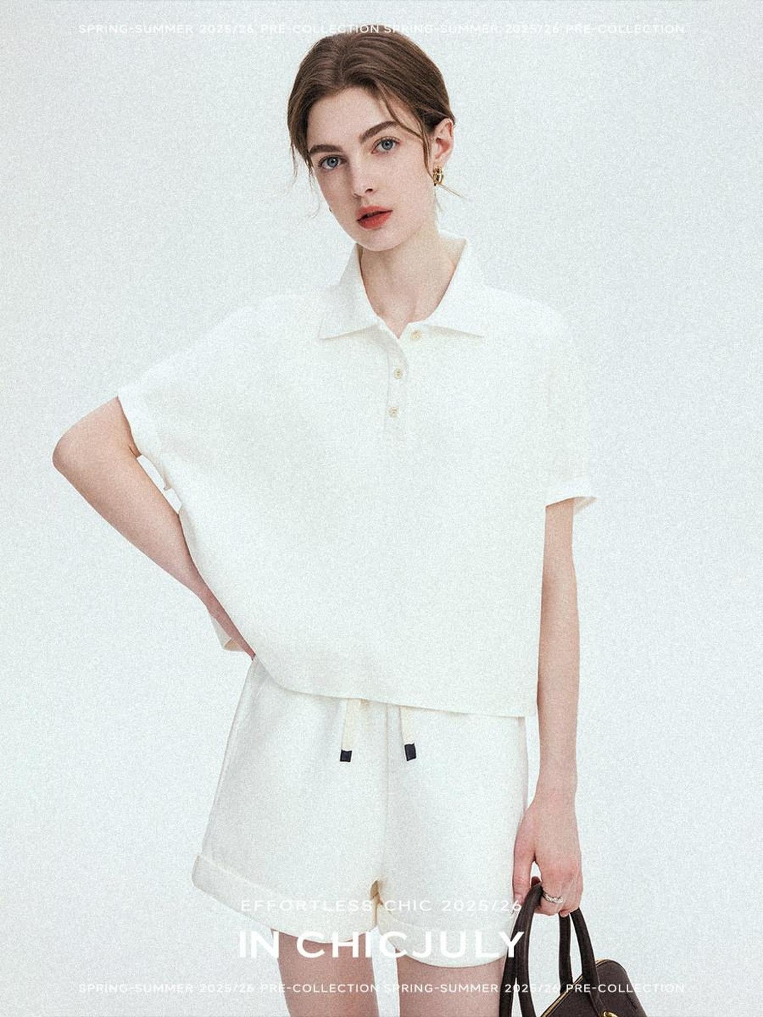 chicjuly Tenniscore Polo Collar Sweatshirt Short Sleeve Women's Cotton Top & Shorts Sets