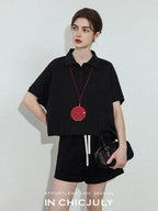 chicjuly Tenniscore Polo Collar Sweatshirt Short Sleeve Women's Cotton Top & Shorts Sets