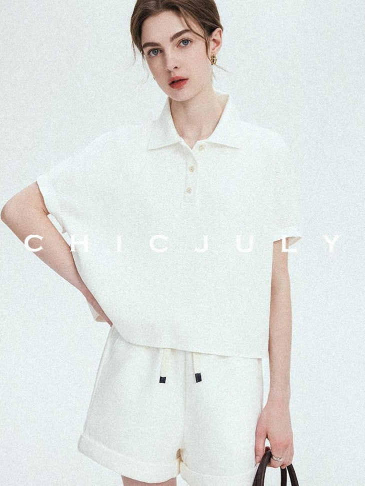 chicjuly Tenniscore Polo Collar Sweatshirt Short Sleeve Women's Cotton Top & Shorts Sets