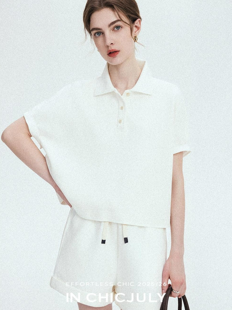 chicjuly Tenniscore Polo Collar Sweatshirt Short Sleeve Women's Cotton Top & Shorts Sets