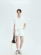chicjuly Tenniscore Polo Collar Sweatshirt Short Sleeve Women's Cotton Top & Shorts Sets