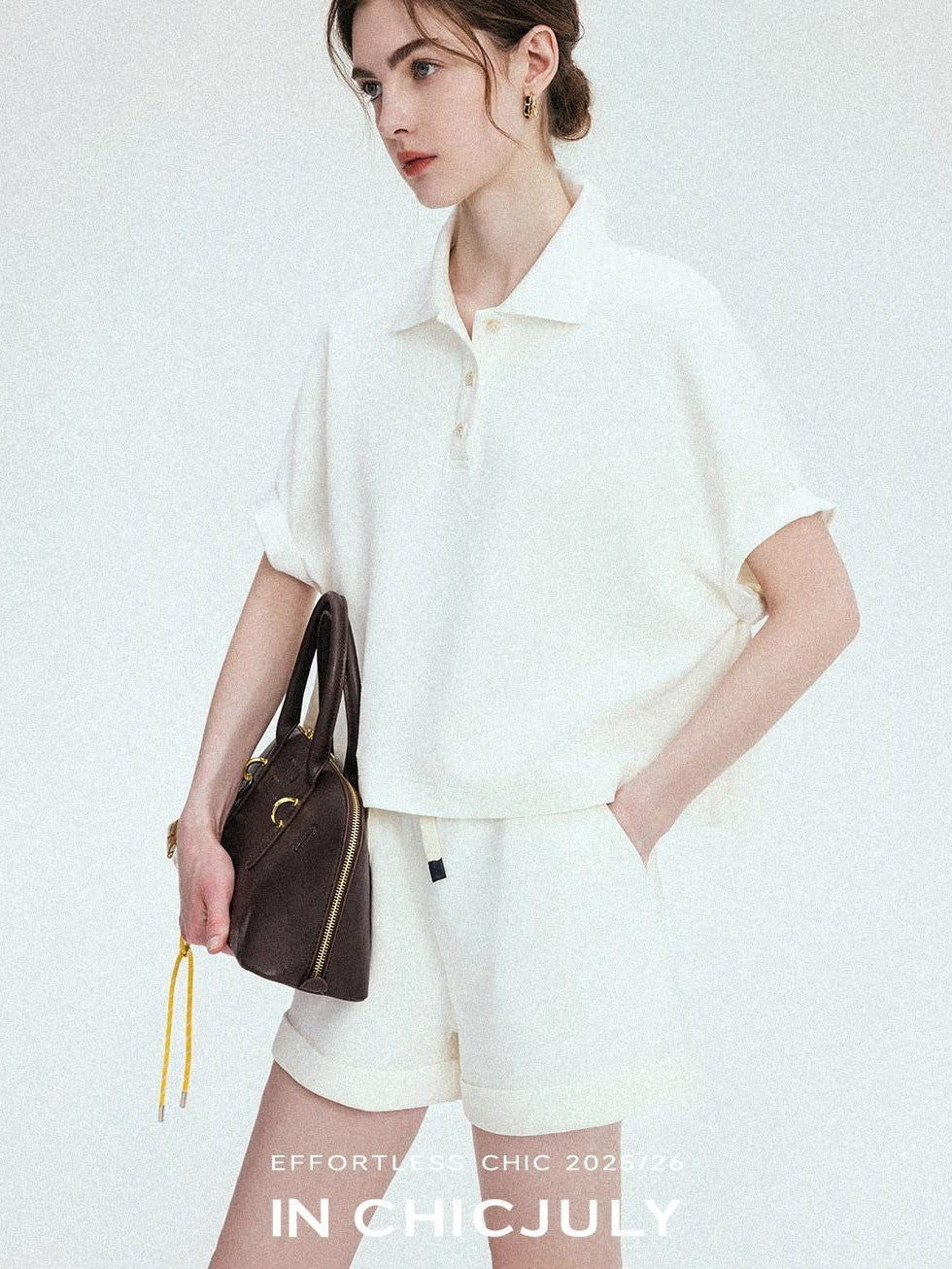 chicjuly Tenniscore Polo Collar Sweatshirt Short Sleeve Women's Cotton Top & Shorts Sets