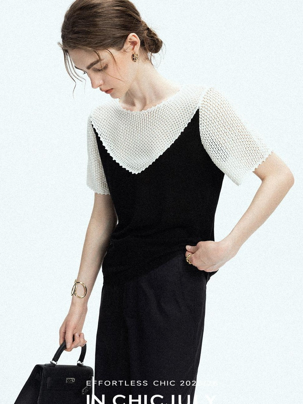 chicjuly Textured Breathable Colorblock Patchwork Women's Lyocell Cotton Blouses