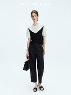 chicjuly Textured Breathable Colorblock Patchwork Women's Lyocell Cotton Blouses