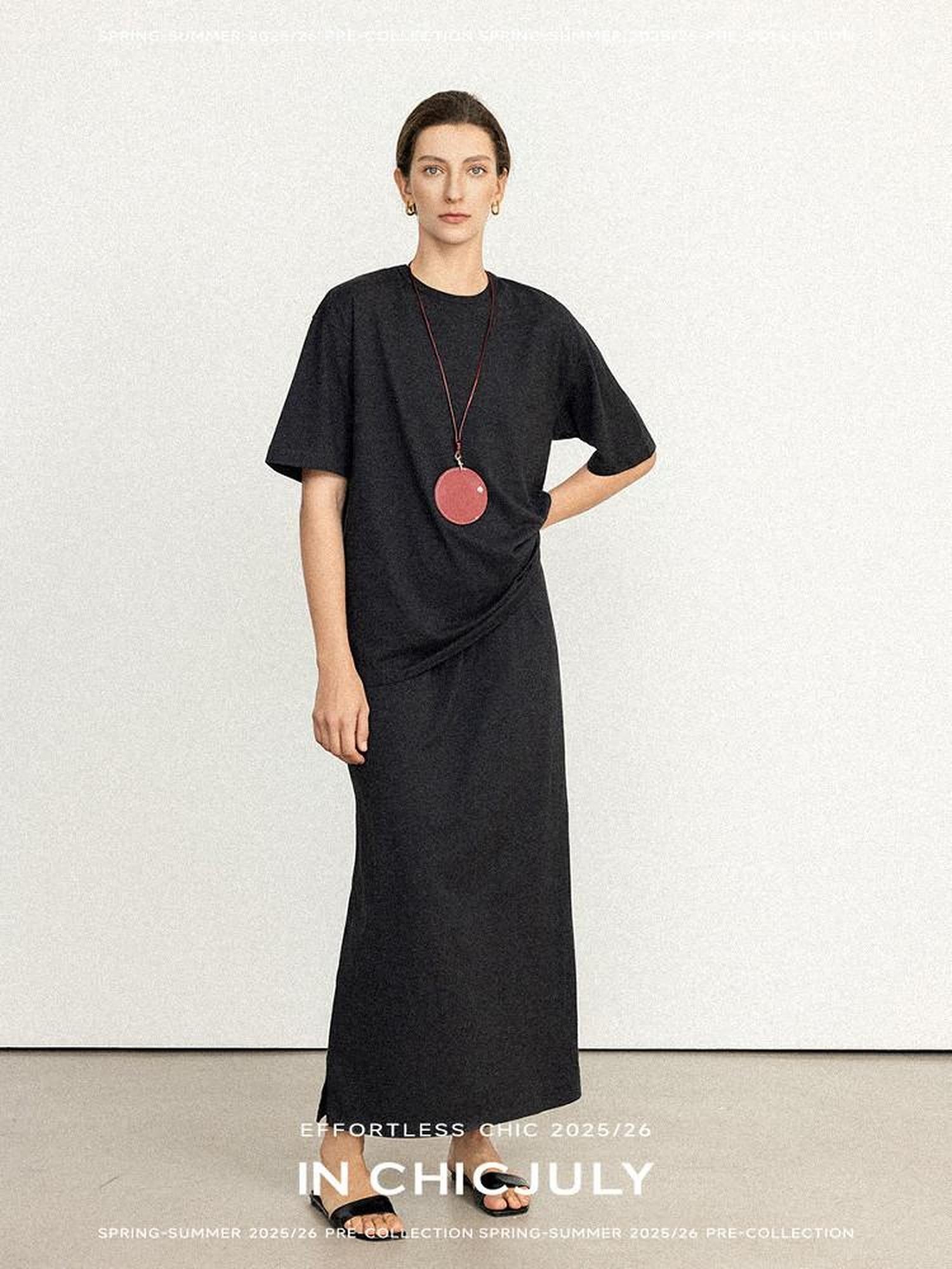 chicjuly Textured Relaxed Short Sleeve Round Neck Women's Cotton Top & Skirt Sets