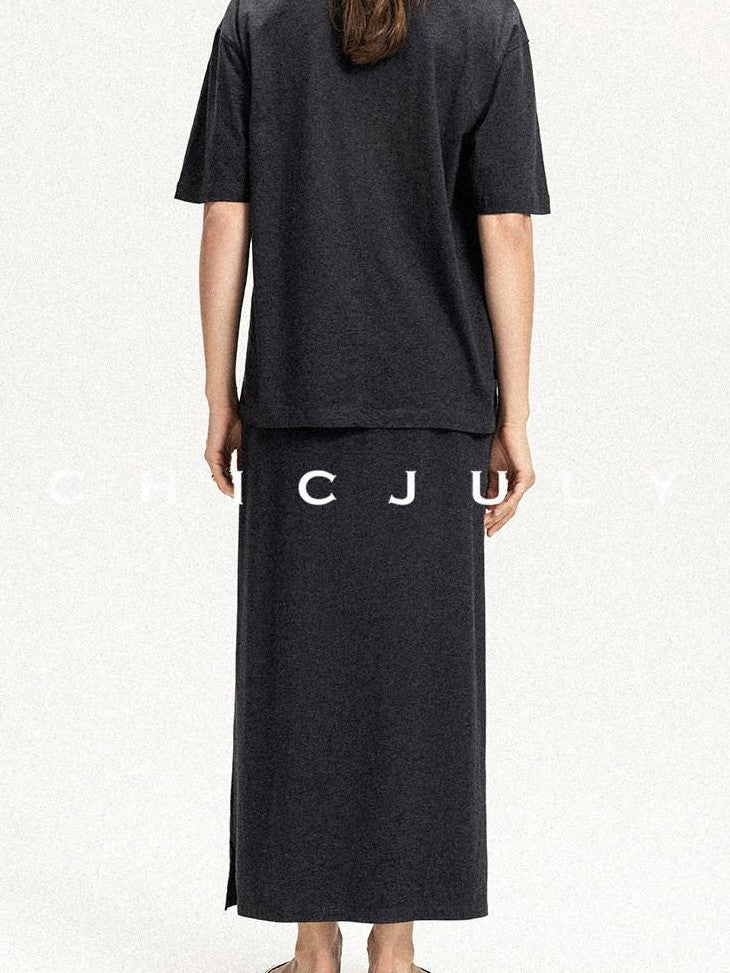 chicjuly Textured Relaxed Short Sleeve Round Neck Women's Cotton Top & Skirt Sets
