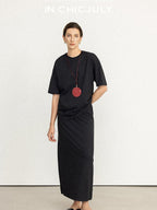 chicjuly Textured Relaxed Short Sleeve Round Neck Women's Cotton Top & Skirt Sets