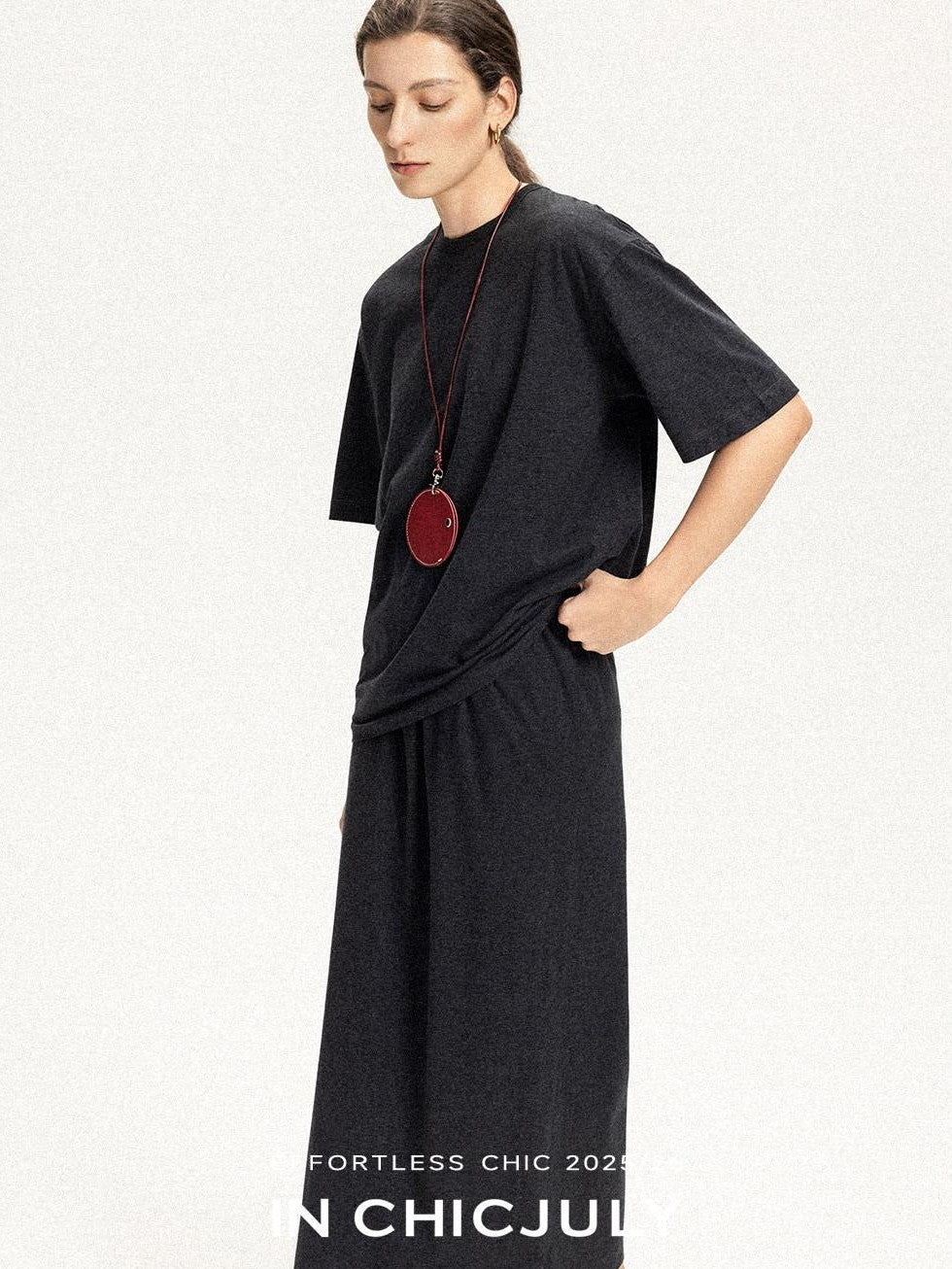 chicjuly Textured Relaxed Short Sleeve Round Neck Women's Cotton Top & Skirt Sets