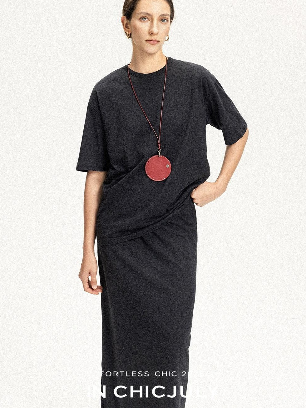 chicjuly Textured Relaxed Short Sleeve Round Neck Women's Cotton Top & Skirt Sets