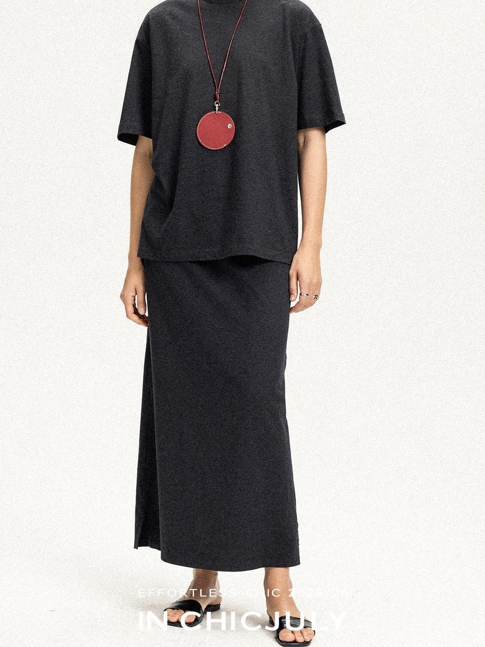 chicjuly Textured Relaxed Short Sleeve Round Neck Women's Cotton Top & Skirt Sets