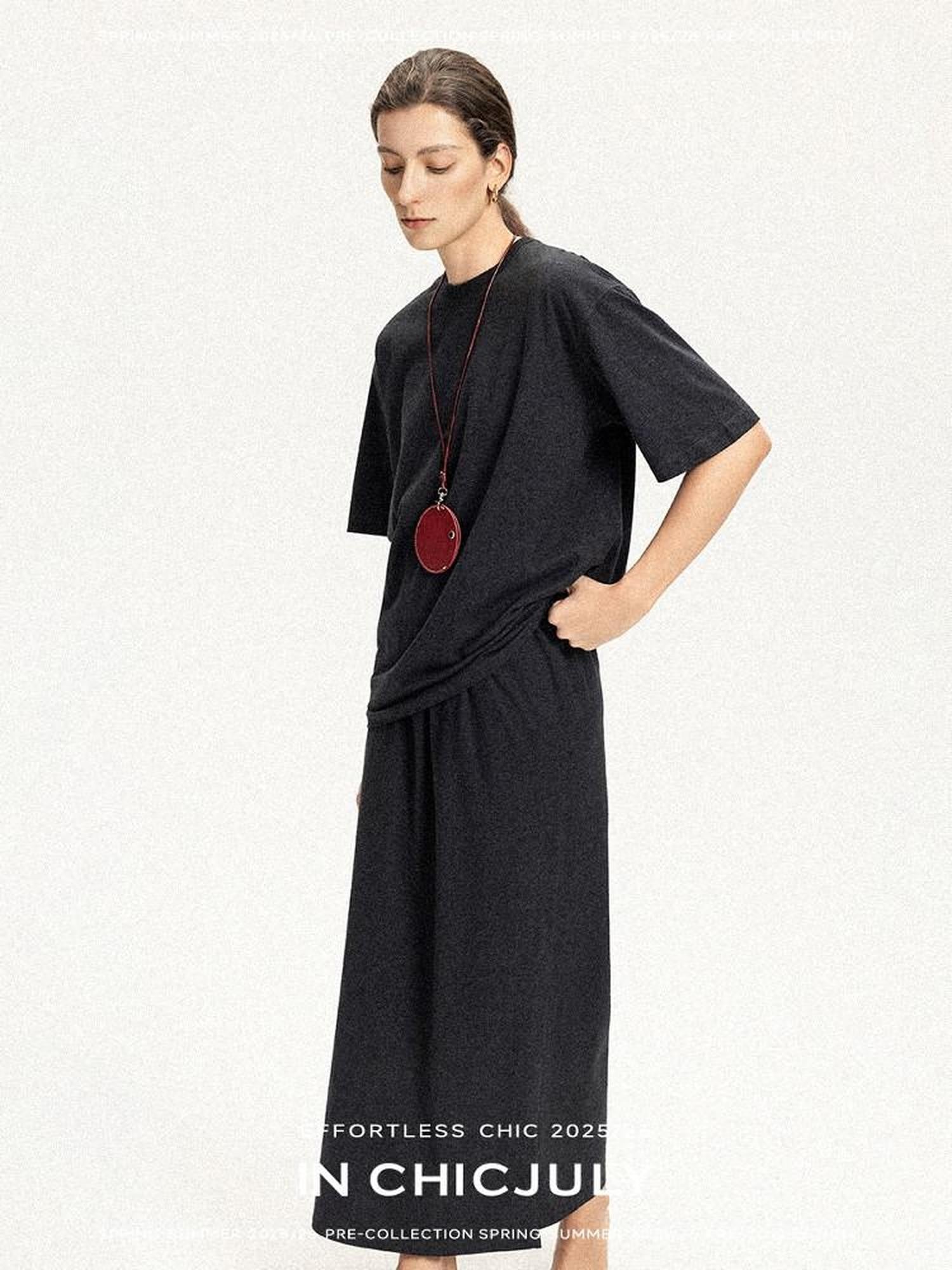 chicjuly Textured Relaxed Short Sleeve Round Neck Women's Cotton Top & Skirt Sets