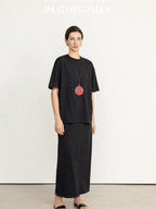 chicjuly Textured Relaxed Short Sleeve Round Neck Women's Cotton Top & Skirt Sets