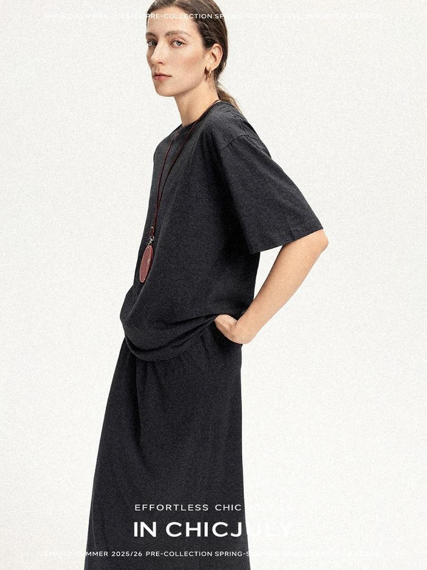 chicjuly Textured Relaxed Short Sleeve Round Neck Women's Cotton Top & Skirt Sets