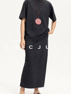 chicjuly Textured Relaxed Short Sleeve Round Neck Women's Cotton Top & Skirt Sets