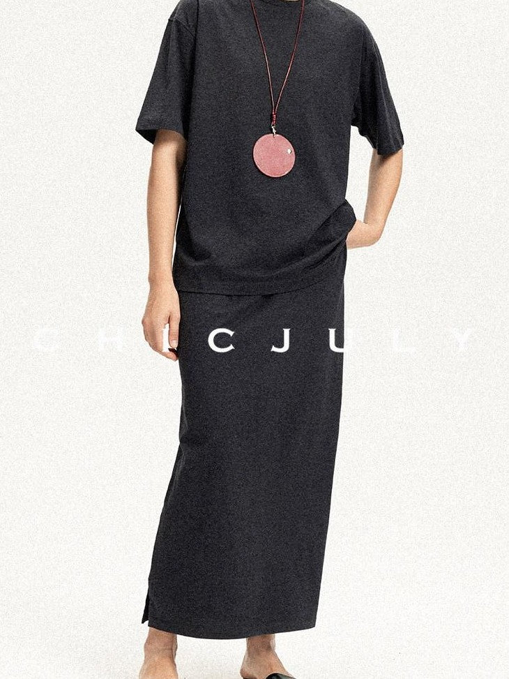 chicjuly Textured Relaxed Short Sleeve Round Neck Women's Cotton Top & Skirt Sets