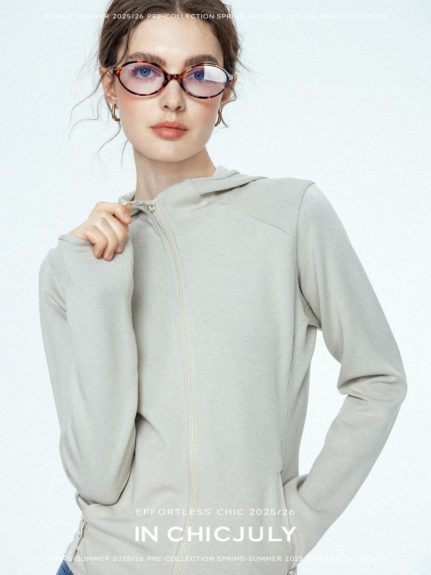 chicjuly Twilight Gray Sculpted Curved Seam Stand Collar Zipper Women's Cotton Hoodies