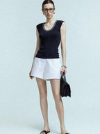 chicjuly Twill High Waist Straight Slimming Women's Linen Short Trousers