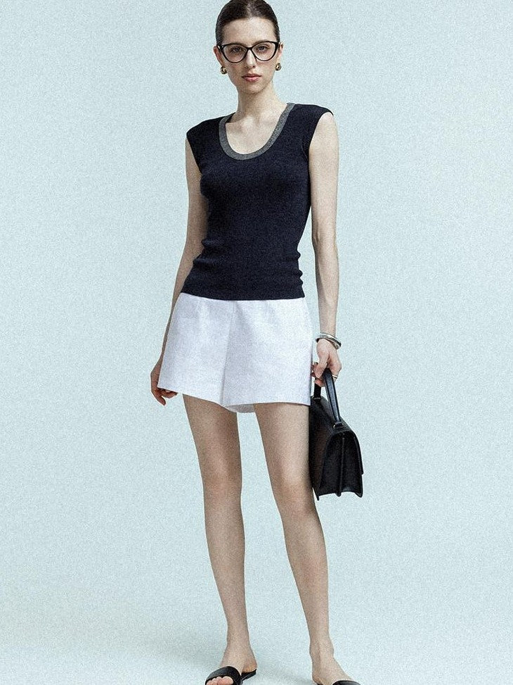 chicjuly Twill High Waist Straight Slimming Women's Linen Short Trousers