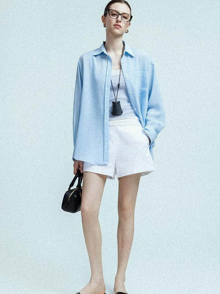 chicjuly Twill High Waist Straight Slimming Women's Linen Short Trousers