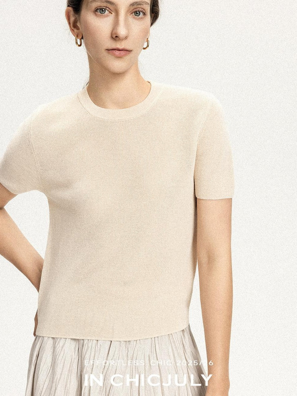chicjuly Uv Protection Crewneck Double Stitch Women's Linen Lyocell Short Sleeve T-shirts