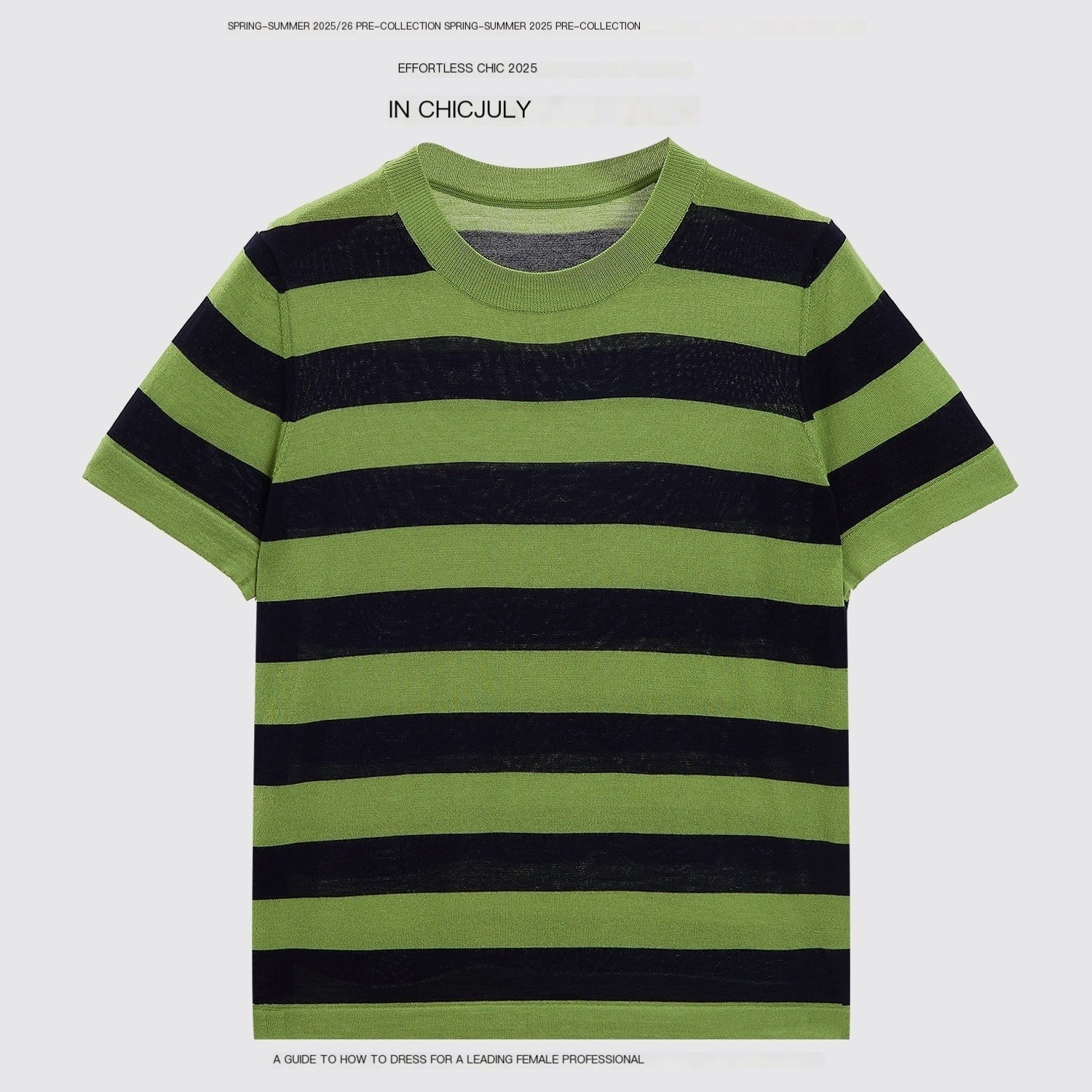 chicjuly Verdun Green Striped Colorblock Crew Neck Women's Wool Short Sleeve T-shirts 930915982739