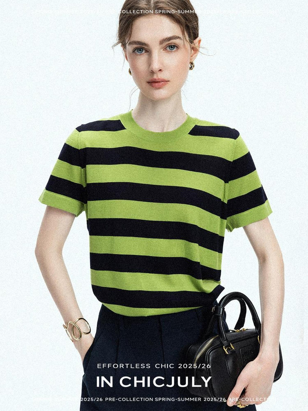 chicjuly Verdun Green Striped Colorblock Crew Neck Women's Wool Short Sleeve T-shirts