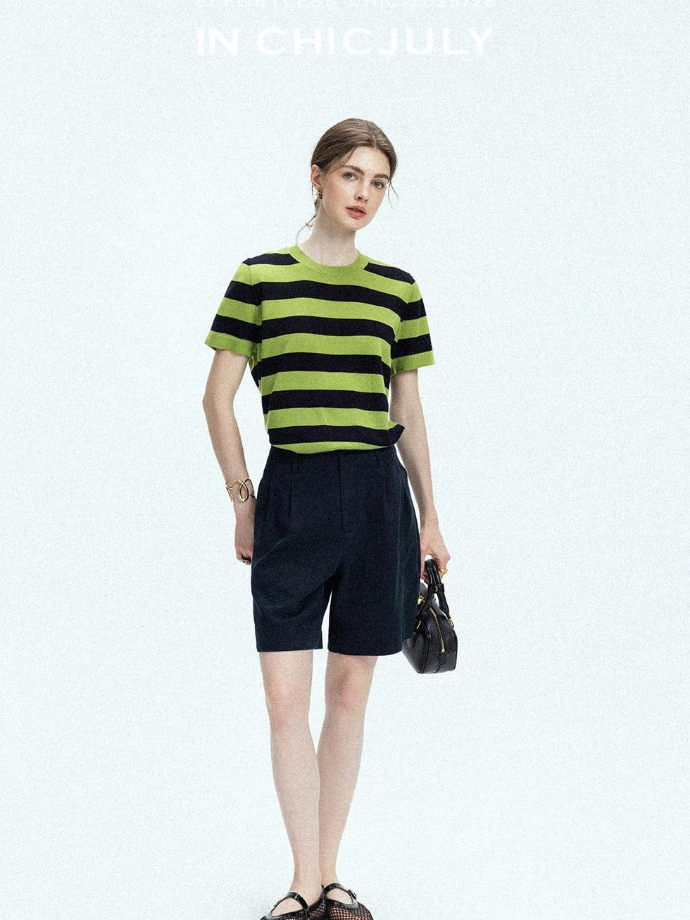 chicjuly Verdun Green Striped Colorblock Crew Neck Women's Wool Short Sleeve T-shirts