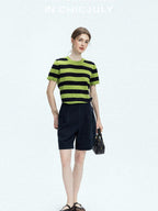 chicjuly Verdun Green Striped Colorblock Crew Neck Women's Wool Short Sleeve T-shirts