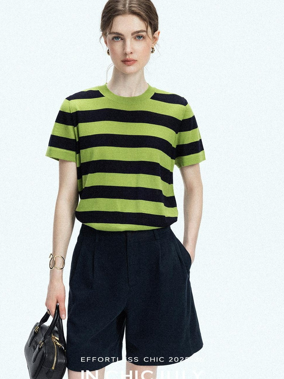 chicjuly Verdun Green Striped Colorblock Crew Neck Women's Wool Short Sleeve T-shirts