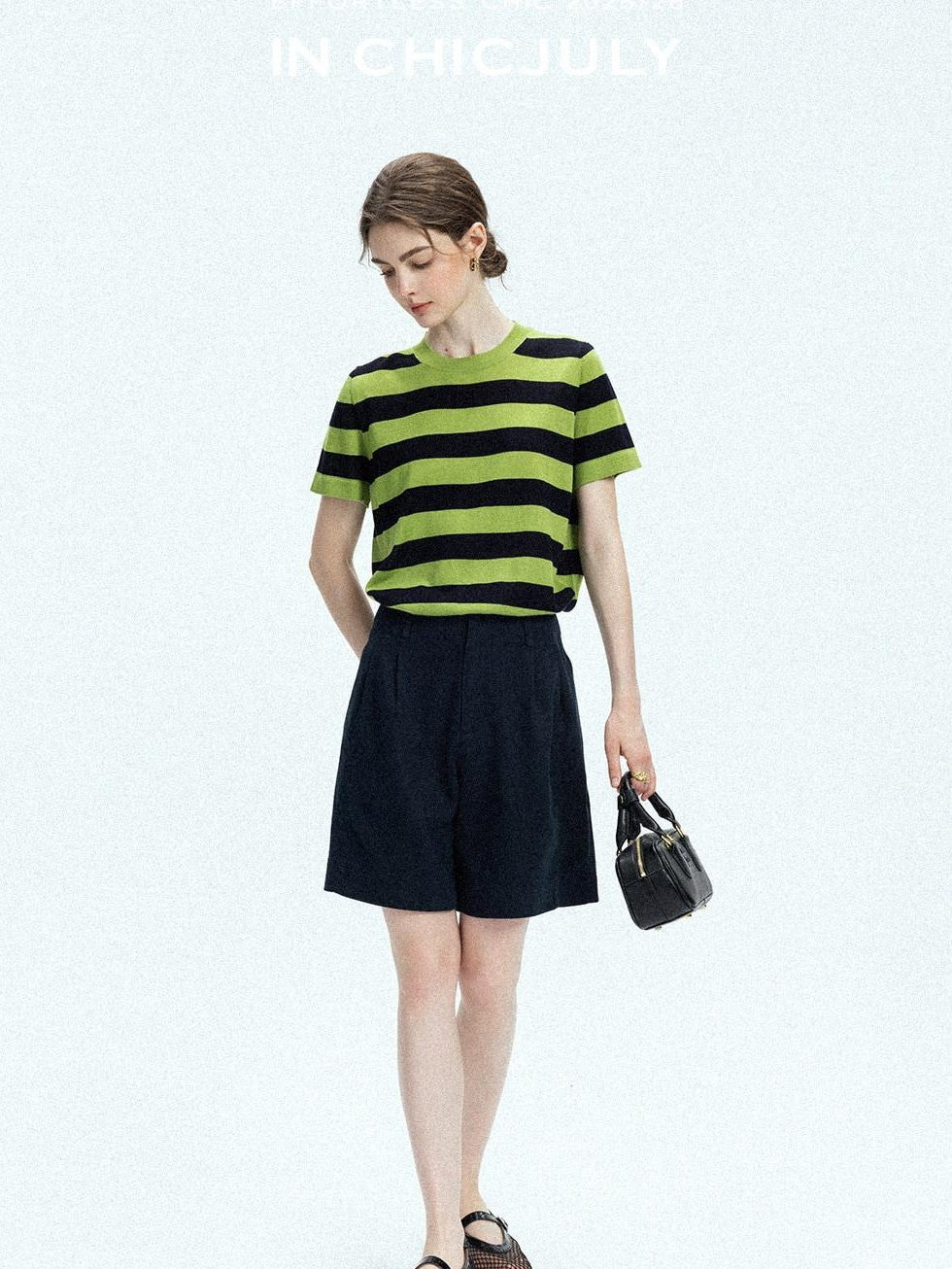 chicjuly Verdun Green Striped Colorblock Crew Neck Women's Wool Short Sleeve T-shirts