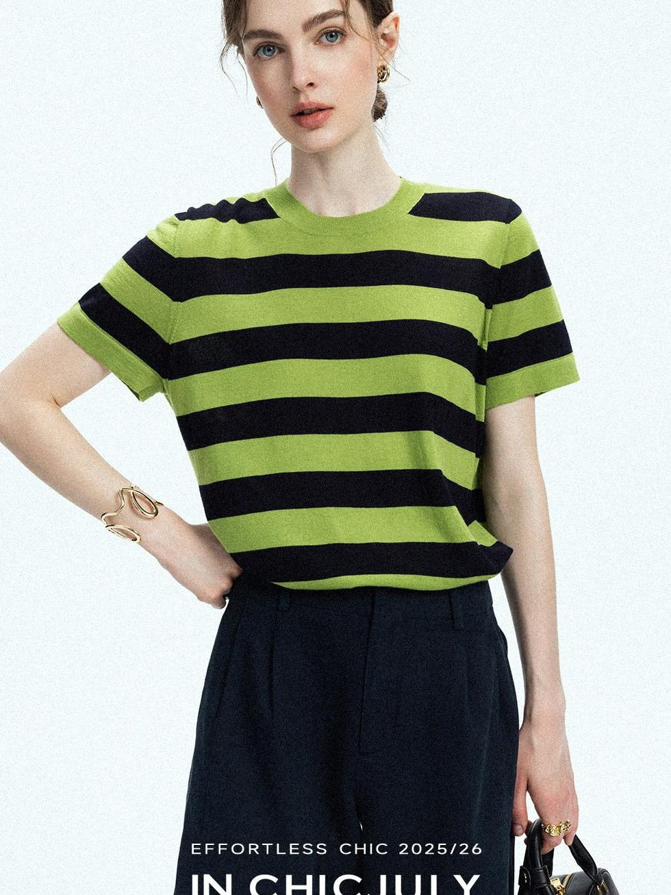 chicjuly Verdun Green Striped Colorblock Crew Neck Women's Wool Short Sleeve T-shirts