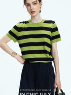 chicjuly Verdun Green Striped Colorblock Crew Neck Women's Wool Short Sleeve T-shirts