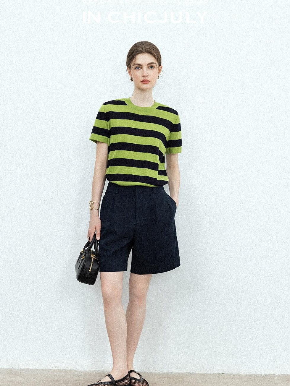 chicjuly Verdun Green Striped Colorblock Crew Neck Women's Wool Short Sleeve T-shirts