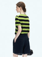 chicjuly Verdun Green Striped Colorblock Crew Neck Women's Wool Short Sleeve T-shirts